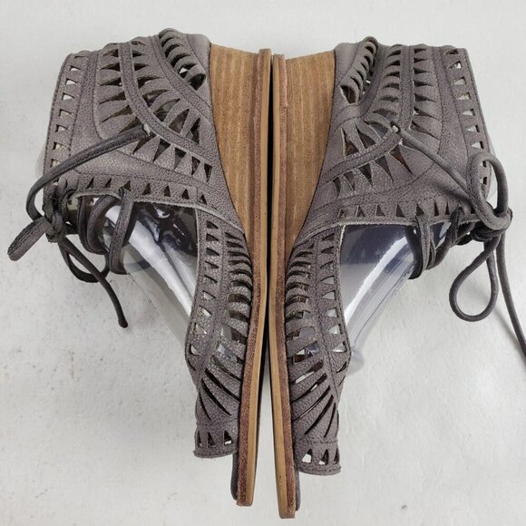 Jeffrey Campbell Rodillo Wedge Sandal Womens 6 Taupe Open Toe Laser Cut Lace Up - Picture 7 of 11